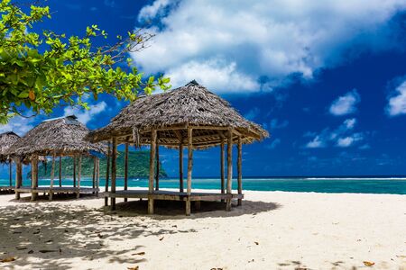 Lalomanu beach with open huts called fales, south side of Upolu Island, Samoa.の写真素材