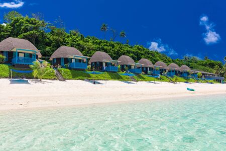 Lalomanu beach with open huts called fales, south side of Upolu Island, Samoa.の写真素材