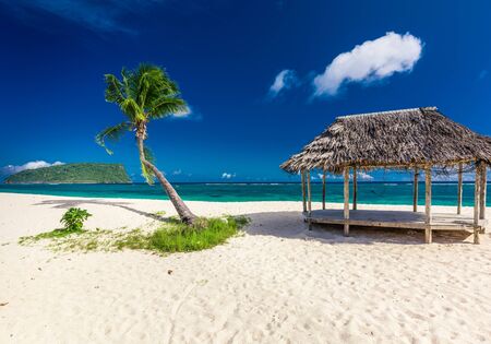 Lalomanu beach with open huts called fales, south side of Upolu Island, Samoa.の写真素材