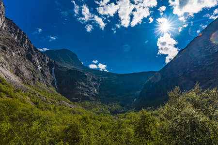 Trollstigen or Trolls Path is a serpentine mountain road in Rauma Municipality in Norwayの写真素材