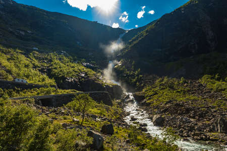 Trollstigen or Trolls Path is a serpentine mountain road in Rauma Municipality in Norwayの写真素材
