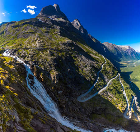 Trollstigen or Trolls Path is a serpentine mountain road in Rauma Municipality in Norwayの写真素材