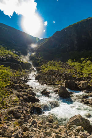 Trollstigen or Trolls Path is a serpentine mountain road in Rauma Municipality in Norwayの写真素材