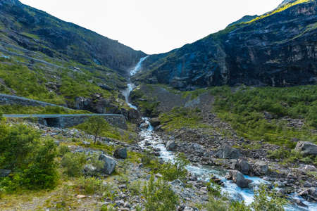 Trollstigen or Trolls Path is a serpentine mountain road in Rauma Municipality in Norwayの写真素材