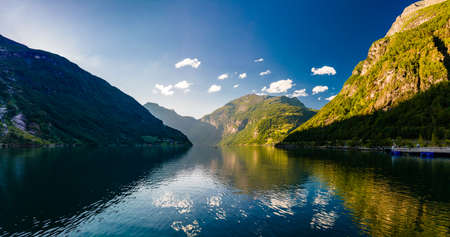 Panoramic and drone landscape of Geiranger fjords, Geirangerfjord, Norway.の写真素材