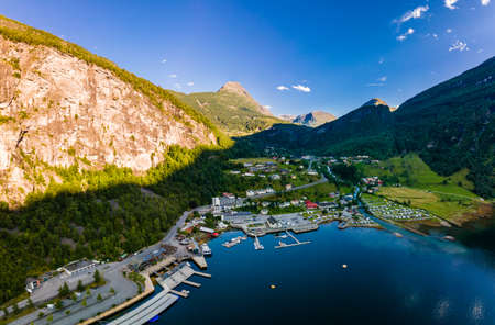 Panoramic and drone landscape of Geiranger fjords, Geirangerfjord, Norway.の写真素材