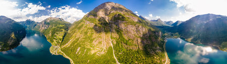 Panoramic and drone landscape of Geiranger fjords, Geirangerfjord, Norway.