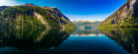 Panoramic and drone landscape of Geiranger fjords, Geirangerfjord, Norway.の写真素材