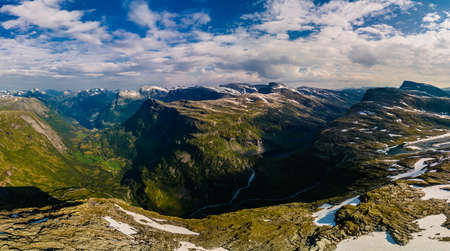 Panoramic view of Geirangerfjord and mountains landscape from the Dalsnibba Plateau viewpoint, Norway Scandinavia.の写真素材