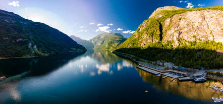 Panoramic and drone landscape of Geiranger fjords, Geirangerfjord, Norway.の写真素材