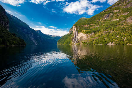 Panoramic and drone landscape of Geiranger fjords, Geirangerfjord, Norway.の写真素材