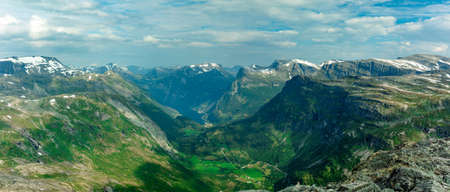 Panoramic view of Geirangerfjord and mountains landscape from the Dalsnibba Plateau viewpoint, Norway Scandinavia.の写真素材
