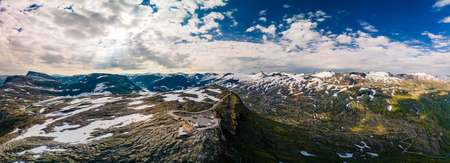 Panoramic view of Geirangerfjord and mountains landscape from the Dalsnibba Plateau viewpoint, Norway Scandinavia.の写真素材