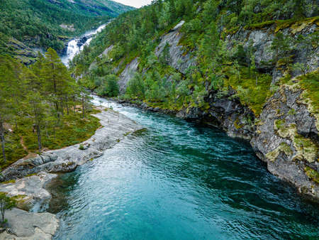 Nyastolfossen falls, the second in cascade of four waterfalls in Husedalen valley, Kinsarvik, Norwayの写真素材