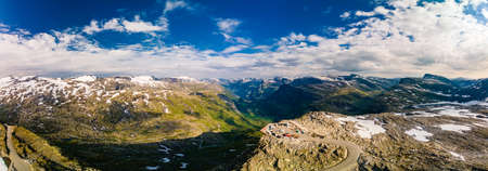 Panoramic view of Geirangerfjord and mountains landscape from the Dalsnibba Plateau viewpoint, Norway Scandinavia.の写真素材
