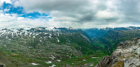 Panoramic view of Geirangerfjord and mountains landscape from the Dalsnibba Plateau viewpoint, Norway Scandinavia.の写真素材