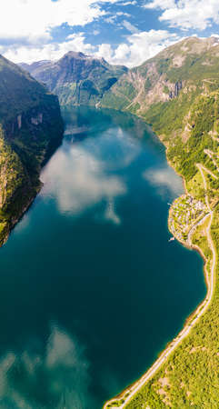 Panoramic and drone landscape of Geiranger fjords, Geirangerfjord, Norway.の写真素材
