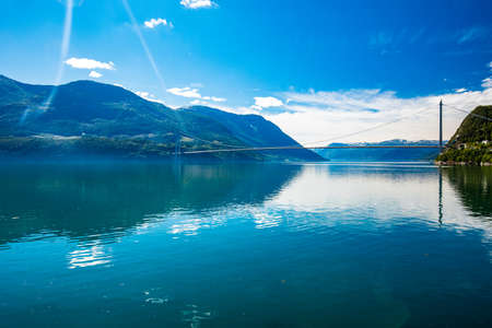 Hardanger suspension bridge in Hardanger fjord connecting Oslo and Bergen , Norwayの写真素材