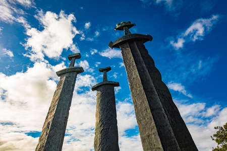 Mollebukta bay panorama with Swords in Rock monument commemorating Battle of Hafrsfjord Stavanger Rogaland Norway Scandinaviaの写真素材