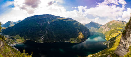 Panoramic and drone landscape of Geiranger fjords, Geirangerfjord, Norway.の写真素材