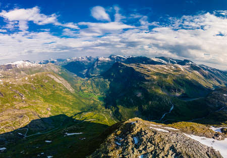 Panoramic view of Geirangerfjord and mountains landscape from the Dalsnibba Plateau viewpoint, Norway Scandinavia.の写真素材
