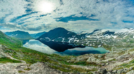 Panoramic view of Geirangerfjord and mountains landscape from the Dalsnibba Plateau viewpoint, Norway Scandinavia.の写真素材