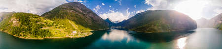 Panoramic and drone landscape of Geiranger fjords, Geirangerfjord, Norway.の写真素材