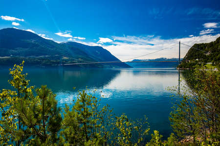 Hardanger suspension bridge in Hardanger fjord connecting Oslo and Bergen , Norwayの写真素材