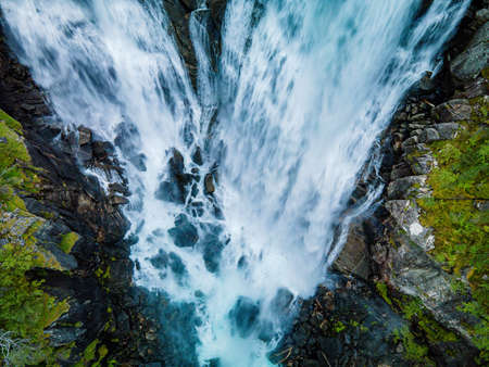 Nyastolfossen falls, the second in cascade of four waterfalls in Husedalen valley, Kinsarvik, Norwayの写真素材