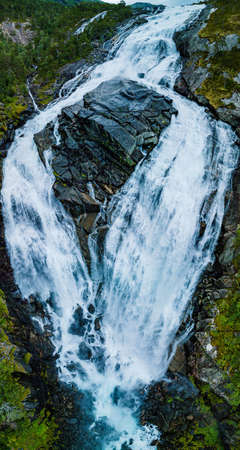 Nyastolfossen falls, the second in cascade of four waterfalls in Husedalen valley, Kinsarvik, Norwayの写真素材
