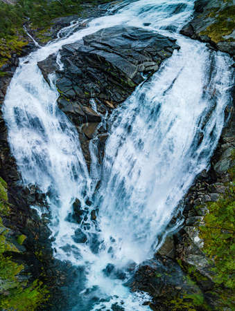 Nyastolfossen falls, the second in cascade of four waterfalls in Husedalen valley, Kinsarvik, Norwayの写真素材