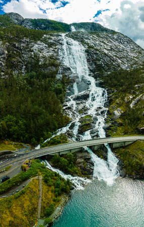 With a total drop of 612 metres, Langfoss (Langfossen) is the fifth highest waterfall in Norway.の写真素材