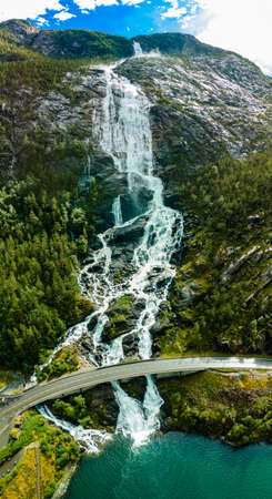 With a total drop of 612 metres, Langfoss (Langfossen) is the fifth highest waterfall in Norway.の写真素材