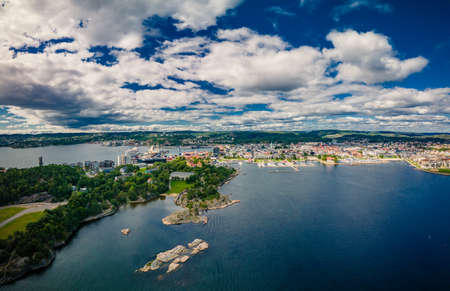 Drone view of Kristiansand town and Kvadraturen from Oderoya, Norwayの写真素材