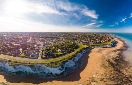 Drone aerial view of the beach and white cliffs on sunny day, Margate, England, UKの写真素材