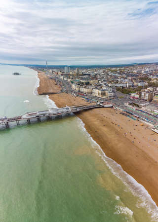 Brighton Pier, UK - Aerial panoramic view on sunny dayの写真素材