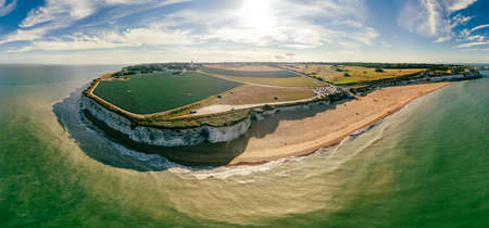 Drone aerial view of the beach and white cliffs, Botany Bay, England, UKの写真素材