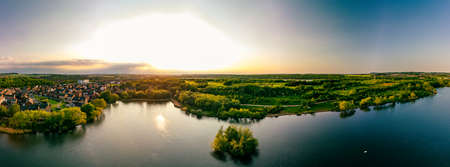 Panoramic drone aerial view of Manvers Lake, Rotherham, South Yorkshire, Wath upon Dearneの写真素材