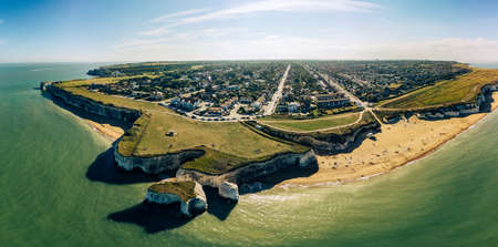 Drone aerial view of the beach and white cliffs, Botany Bay, England, UKの写真素材