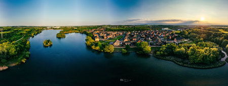 Panoramic drone aerial view of Manvers Lake, Rotherham, South Yorkshire, Wath upon Dearneの写真素材
