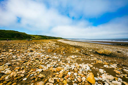 Sunny Cliffs and beach at Blackhall Rocks and Cromdon Dene Beachの写真素材