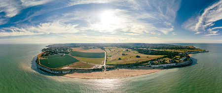 Drone aerial view of the beach and white cliffs, Botany Bay, England, UKの写真素材