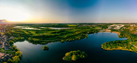 Panoramic drone aerial view of Manvers Lake, Rotherham, South Yorkshire, Wath upon Dearneの写真素材