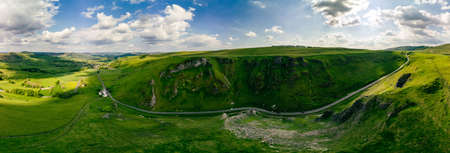 Drone view of Winnats Pass, Peak District National Park, Derbyshire, England, UKの写真素材