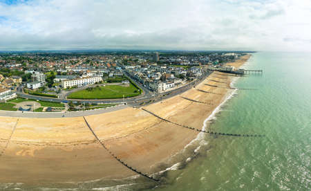Panoramic aerial done view of Bognor Regis beach, West Sussex, England UKの写真素材