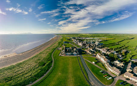 Aerial drone view of Allonby village beach in Allerdale district in Cumbria, UKの写真素材