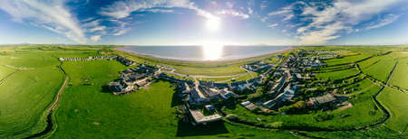 Aerial drone view of Allonby village beach in Allerdale district in Cumbria, UKの写真素材