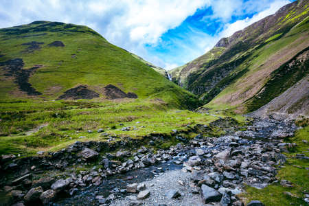 Aerial view of The Grey Mare's Tail, a waterfall near Moffat, Scotlandの写真素材