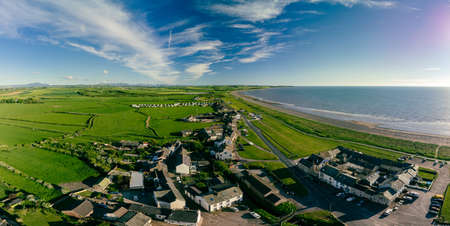 Aerial drone view of Allonby village beach in Allerdale district in Cumbria, UKの写真素材