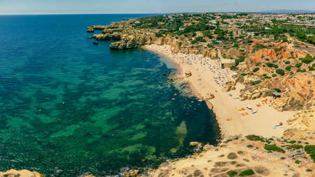 Aerial panoramic view of amazing Praia dos Paradinha beach, Albufeira, Algarve, Portugalの写真素材